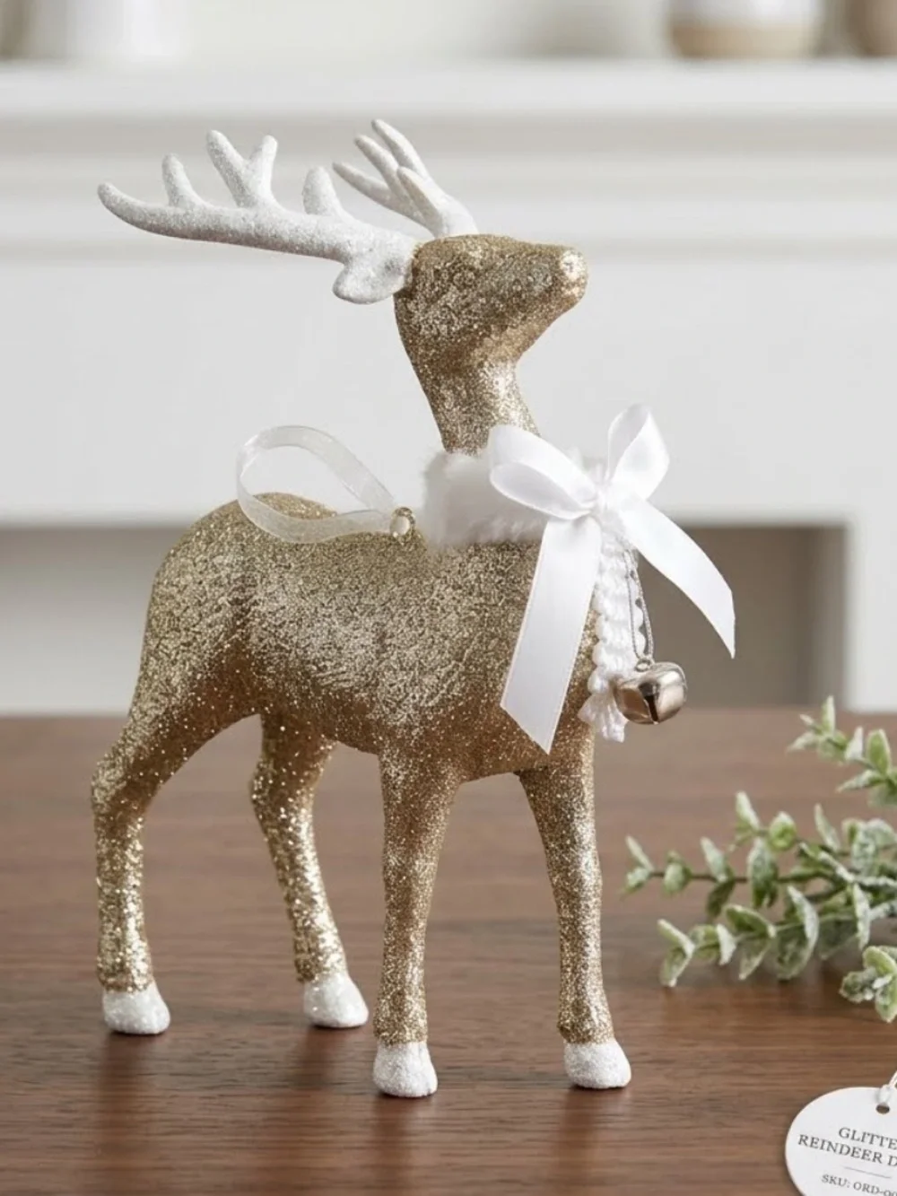 Elegant Gold Glitter Reindeer Figurine Holiday Decor White Ribbon Pearl & Fur